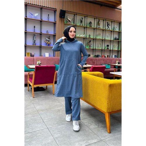 Kapşonlu Yandat Çıtçıtlı Sade Basic Uzun Tunik ve Pantolon İkili Spor Takım - 03071.006 - İndigo