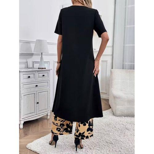 Kadın Kısa Kollu önden çapraz Detaylı Viskon Uzun Bluz Ve Desenli Iki Iplik Pantolon Ikili Takım