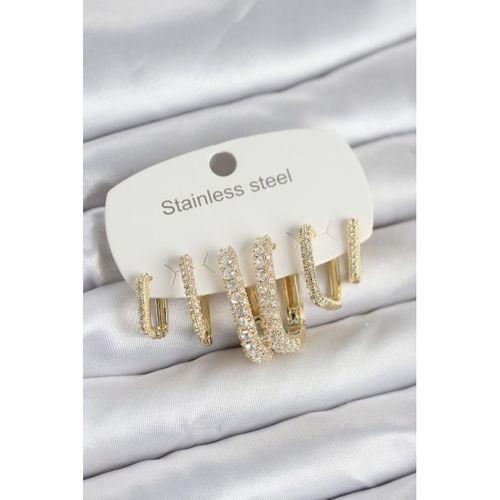 316L Çelik Gold Renk 6'lı Set Zirkon Taşlı Kadın Küpe