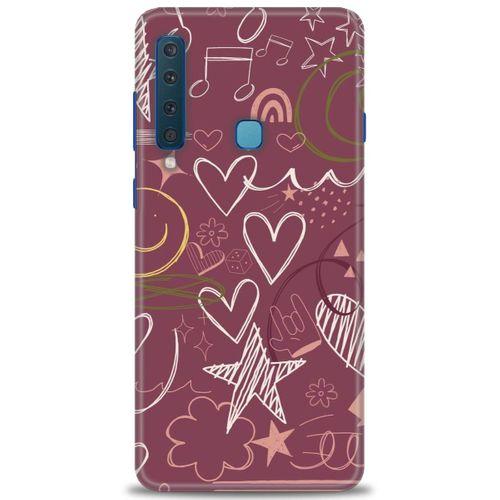 Samsung Galaxy A9 2018 Kılıf HD Baskılı Kılıf - Notalar ve Kalpler Bordo + Tam Ekran Koruyucu