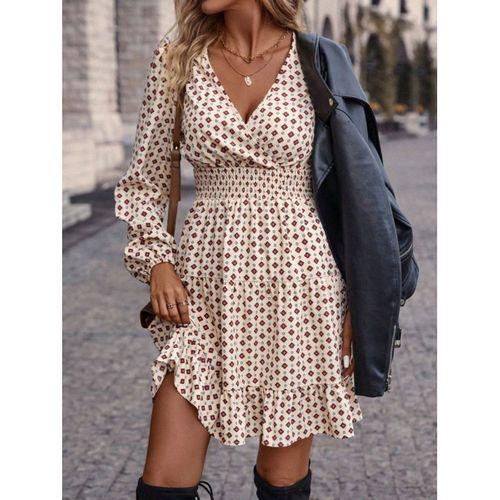 Kadın Uzun Kollu Kruvaze Yaka Desenli Mini Modal Elbise