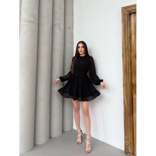 Kadın Yarım Balıkçı Yaka Kolları Transparan Astarlı Full şifon Elbise