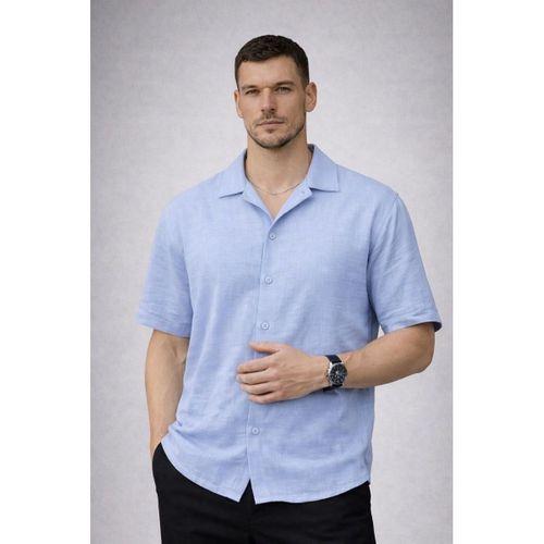 Yarım Oversize Apaş Yaka Kısa Kol Müslin Kumaş Erkek Gömlek - Buz Mavi