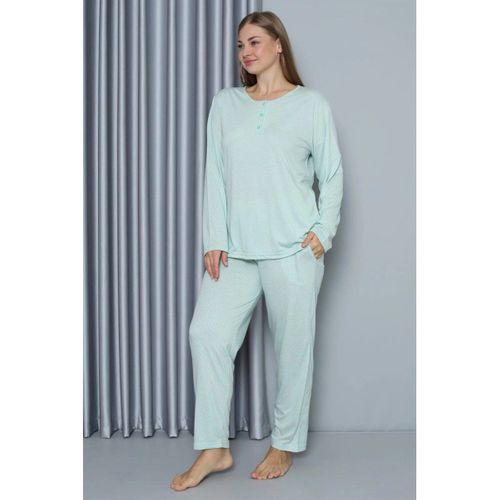 Kadın Büyük Beden Penye Uzun Kol Pijama Takım Su Yeşili