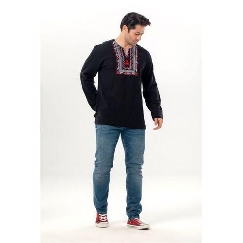 Uzun Kol Şile Bezi Bisiklet Yaka Bahriyeli Erkek Yazlık T-shirt Siyah 3003