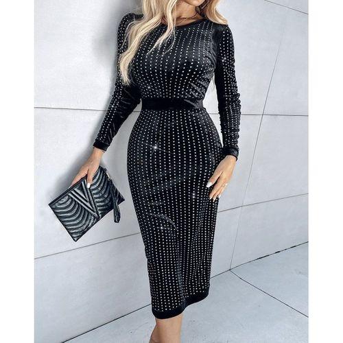 Kadın Uzun Kollu Bisiklet Yaka Taşlı Midi Kadife Elbise