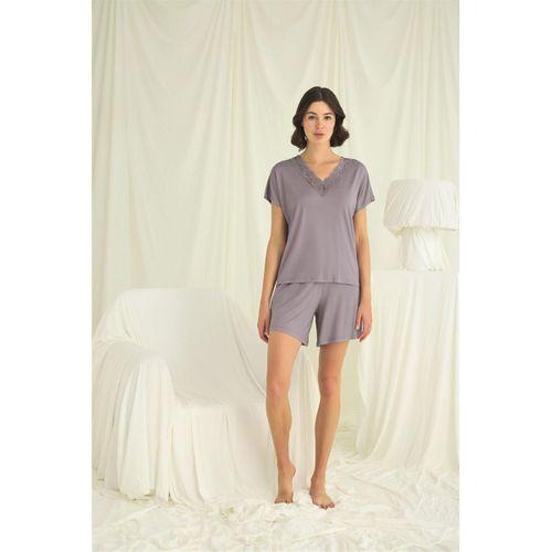 Kısa Kollu Dantelli V Yaka Şort Takımı