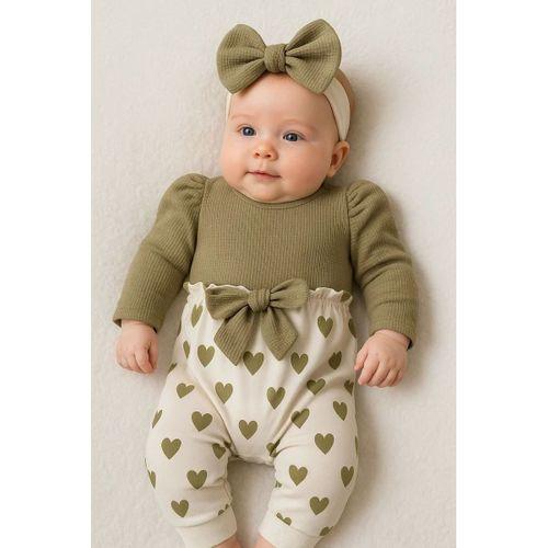 Kız Bebek Kalp Desenli Waffle Bandanalı 2'li Tulum