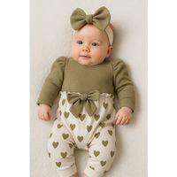 Kız Bebek Kalp Desenli Waffle Bandanalı 2'li Tulum