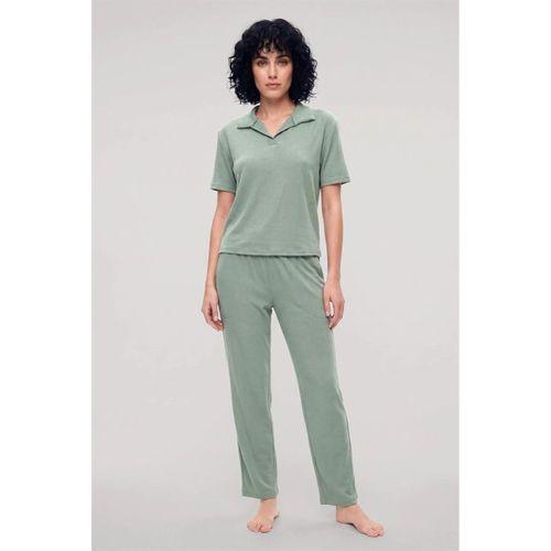 Özel Tasarım Kadın Yeşil Polo Yaka Pijama Takımı %100 Pamuk