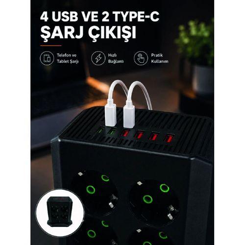 8li Dikey Çoklu Priz 4 Usb 2 Type-c Akım Korumalı Anahtarlı Priz