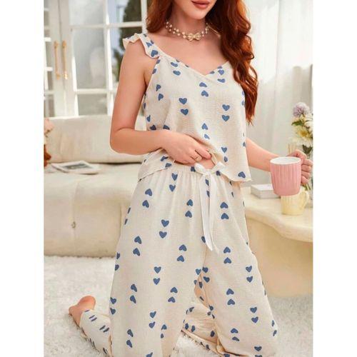 Kadın Ekru Mavi Kalp Desenli Uzun Pijama Takımı Yumuşak Pamuklu Rahat Ev Giyimi Özel Tasarım