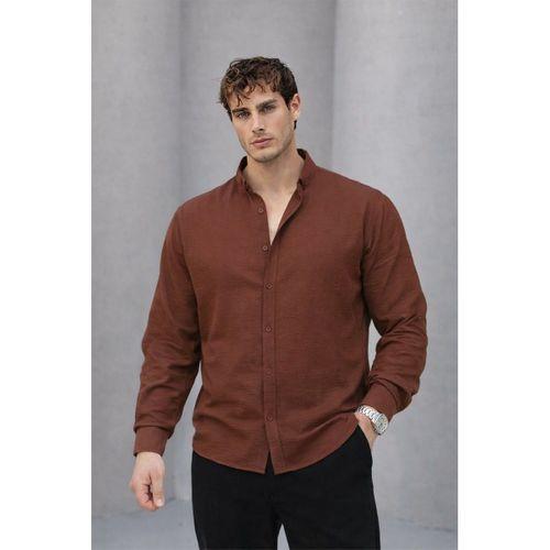 Scott – Soft Dokulu Yarım Oversize Modern Keten Görünümlü Erkek Gömlek- Kahve