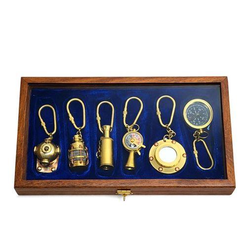 Ahşap Kutulu Denizci Temalı Pirinç Anahtarlık Seti