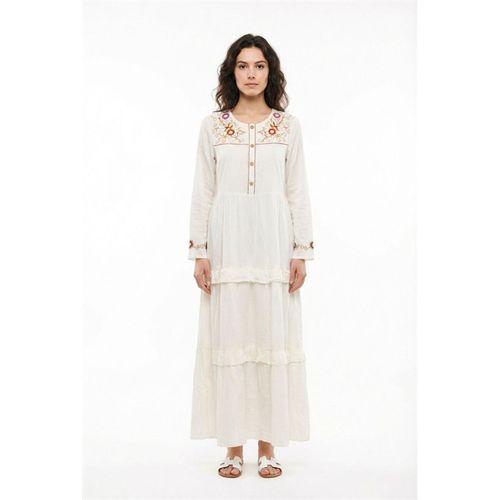 Uzun Kol Zeynep Bisiklet Yaka Nakışlı Uzun Vual Elbise Krem Krm