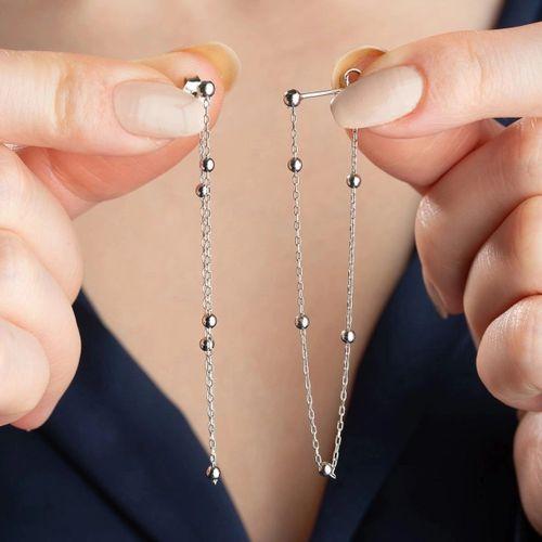 Gümüş Çift Zincirli Top Detaylı Kadın Küpe