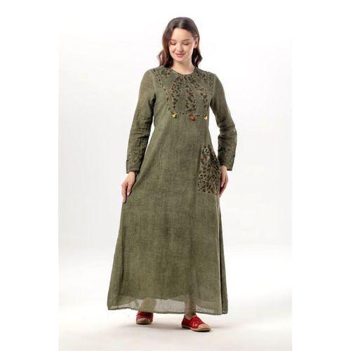 Uzun Kol Sultan Tek Cepli Yazlık Uzun Poplin Elbise Haki Hk