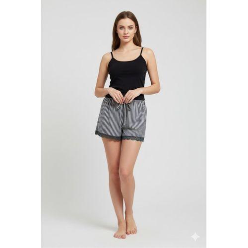Çizgili Penye Kadın Ev Şortu Bacak Dantel Detaylı Ev Giyim Siyah
