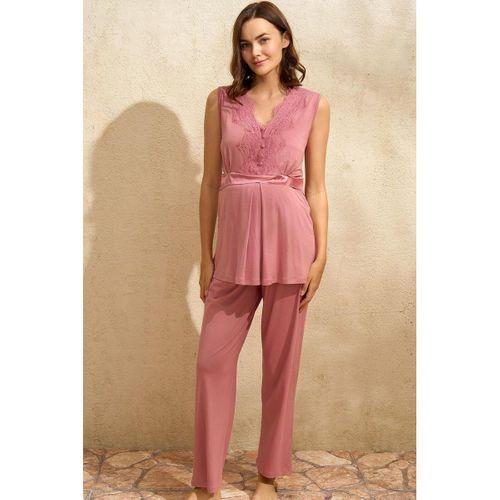 Sıfır Kol V Yaka Kadın Viskon Düz Yazlık Uzun Dantel Detaylı Hamile Pijama Takımı Sabahlık