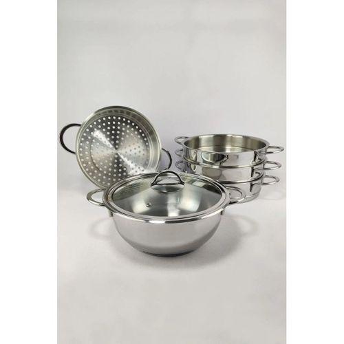 Oms 6090-C Mantı ve Haşlama Tenceresi 6 Parça Paslanmaz Çelik Cam Kapaklı 32x10 Cm