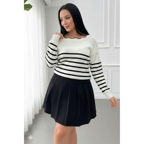 Kadın Beyaz Sırt Bağlama Detaylı çizgi Desen Triko Bluz