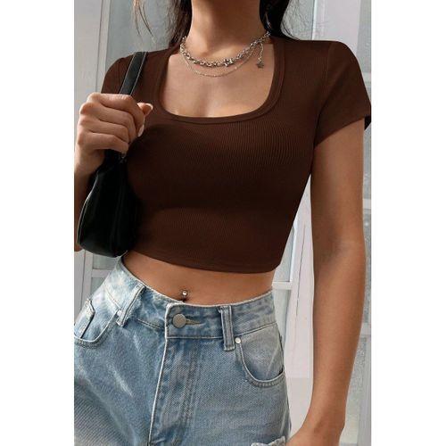 Kadın Kahverengi Yarım Kol Düz Yaka Crop Top Bluz
