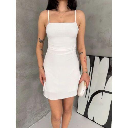 Askılı Şifon Mini Elbise Drapeli Bel Vücuda Oturan Yazlık Şık - Beyaz