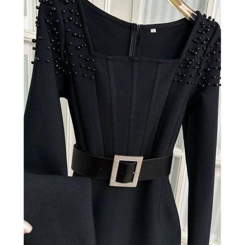 Kadın Etek Ucu Otriş Yakası Inci Detayli Midi Boy Elbise