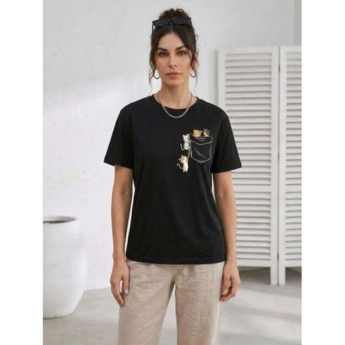 Sevimli Kedi Cep Baskılı Tişört Kısa Kol Yazlık T-Shirt - Siyah