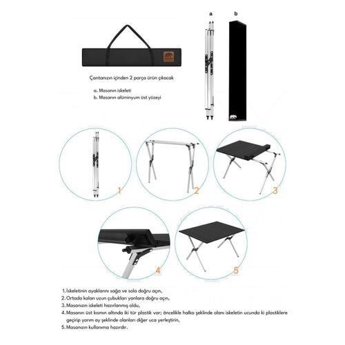 Kamp Ayısı® Alüminyum Katlanabilir Large Kamp ve Piknik Masası, Çantalı, Siyah