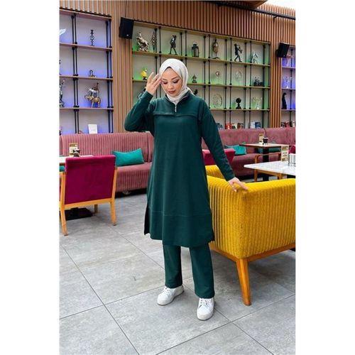 Dik Yaka Kısa Fermuarlı Yırtmaçlı Sade Basic Uzun Tunik ve Pantolon İkili Spor Takım - 03062.021 - Nefti