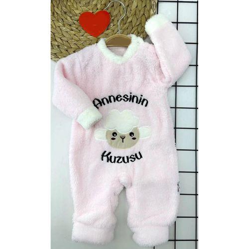 3-6-9-12 Ay Kuzu Tüylü Kumaş Annesinin Kuzusu Nakışlı Alttan Çıtçıtlı Kız Erkek Bebek Tulumu Pembe