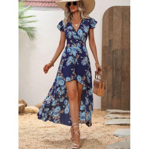 Kadın Kısa Kollu Kruvaze Yakalı önü Asimetrik Detaylı Uzun çiçek Desenli Süprem Elbise