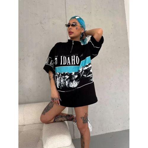 Pilelistore Unisex Baskılı Yarım Fermuarlı T-Shirt - Siyah