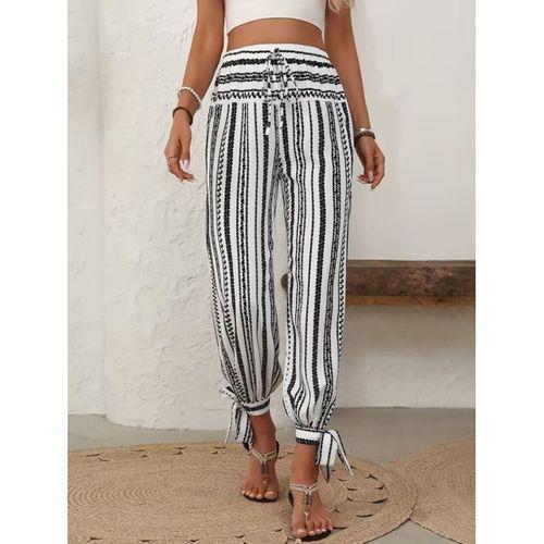 Kadın Yüksek Bel Desenli Paçadan Bağlamalı Yanları Yırtmaçlı Süprem Pantolon