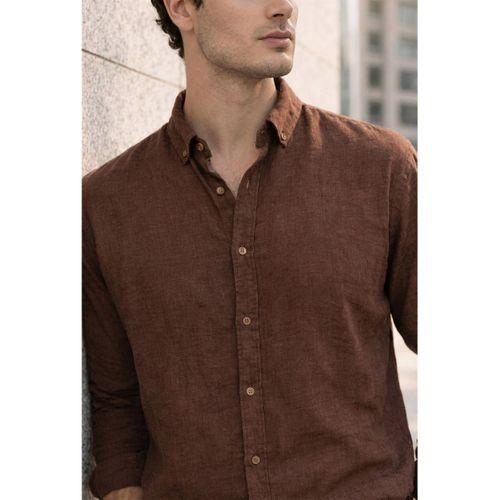 Pera Kumaş Keten Görünümlü Yarım Oversize Uzun kollu Erkek Gömlek - Kahve