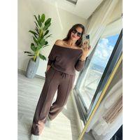 Kadın Uzun Kollu Tek Omuzdan Açık Modal Bluz Ve Pantolon Ikili Takım