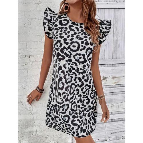 Kadın Kısa Kollu Kolları Fırfır Detay Arkası Bağlamalı Leopar Desen Kolsuz Mini Mikro Elbise