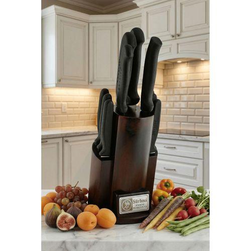 Vintage Mutfak Bıçak Seti Eskitme Ahşap Kütüklü Standlı 10 Parça Çeyiz Sürmene Bıçak Set Sürbisa 61506