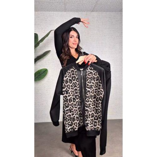 Kadın Uzun Kollu önden Fermuarlı Leopar Desenli Viskon Iki Iplik Bluz Ve Pantolon Ikili Takım