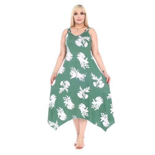 Melsay Butik Yeşil Beyaz Yaprak Desen Askılı V Yaka Elbise