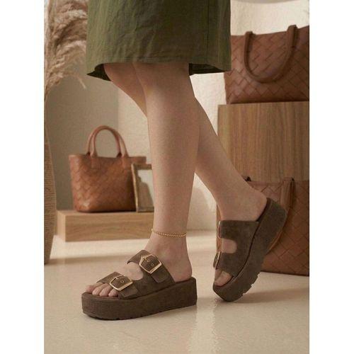 Yazlık Kadın Kahverengi Platform Taban Tokalı Terlik