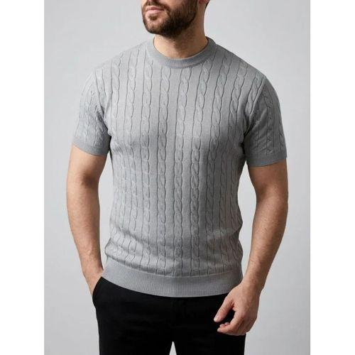 Erkek Yazlık Triko Dokuma Tişört Kısa Kol Bisiklet Yaka Örgü Desenli T-Shirt - Gri