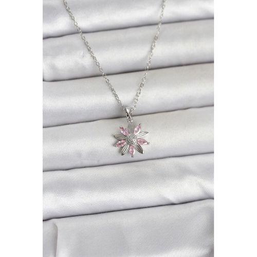 316L Çelik Zincir Gümüş Renk Pembe Papatya Model Kadın Kolye