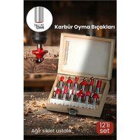 Profesyonel 12'li Ahşap Freze Ucu Seti 12mm Şaft | Rulmanlı Karbür Oyma Bıçakları Ahşap Kutulu