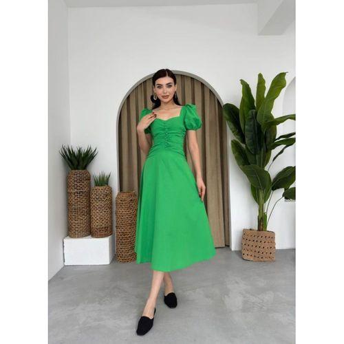 Kare Yaka Düğmeli Elbise