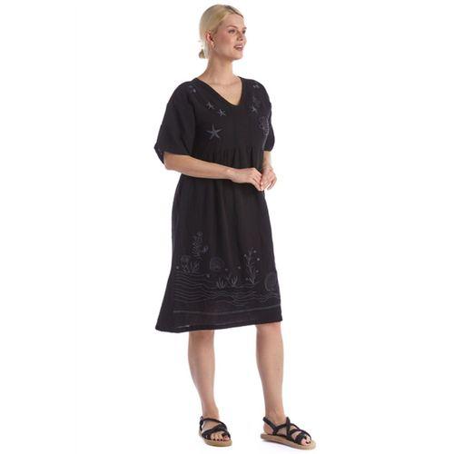 Kısa Kol Siyah V Yaka Nakışlı Midi Boy Müslin Yazlık Elbise