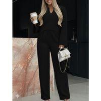 Kadın Uzun Kollu V Yakalı Keten Bluz Bağcıklı Pantolon Ikili Takım