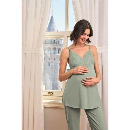 Çiçek Ve Yaprak Desenli Dantelli Hamile Lohusa 3'lü Pijama Takımı