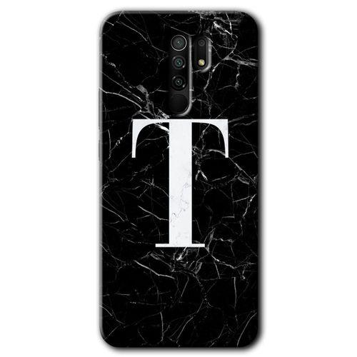 MRCİLETİSİM Xiaomi Redmi 9 Kılıf HD Desen Baskılı Arka Kapak+Temperli Cam - Siyah Mermer Desenli T Harfi
